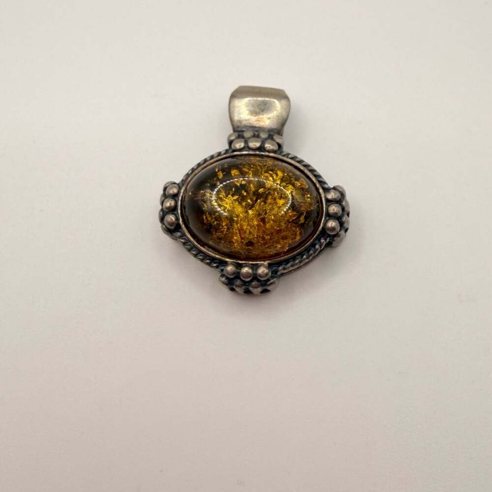 Baltic Amber 925 Sterling Silver Beaded Oval Pendant
